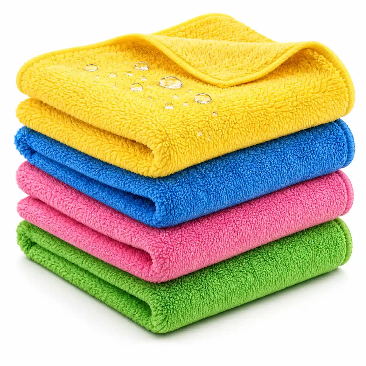 Premium ultra-thick 550 GSM microfiber cleaning cloths in assorted colors — 30x30cm, with water droplets showing absorbency